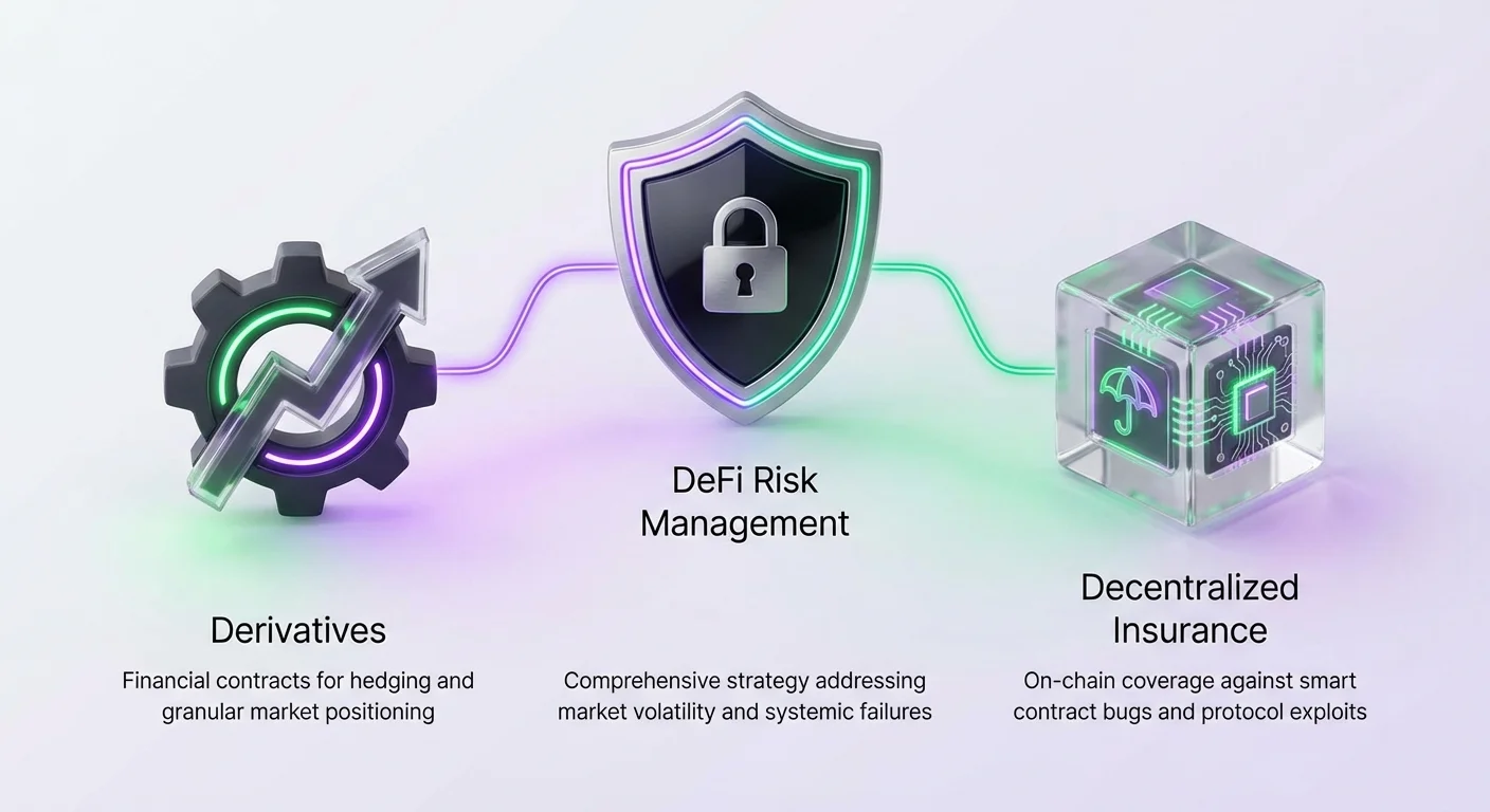 High-level infographic summarizing DeFi risk management strategy using financial derivatives like perpetual contracts and protective decentralized insurance measures.