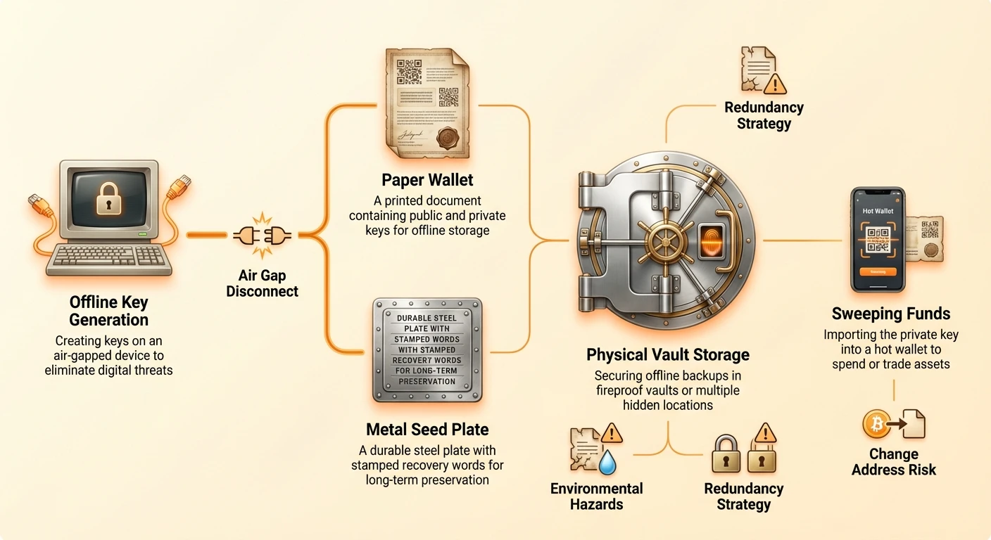 Infographic showing cryptocurrency deep cold storage process: offline key generation, paper and metal wallets, vault storage with redundancy, environmental hazards, and sweeping funds to hot wallets.