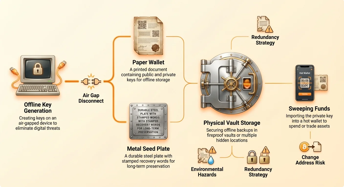 Infographic showing cryptocurrency deep cold storage process: offline key generation, paper and metal wallets, vault storage with redundancy, environmental hazards, and sweeping funds to hot wallets.