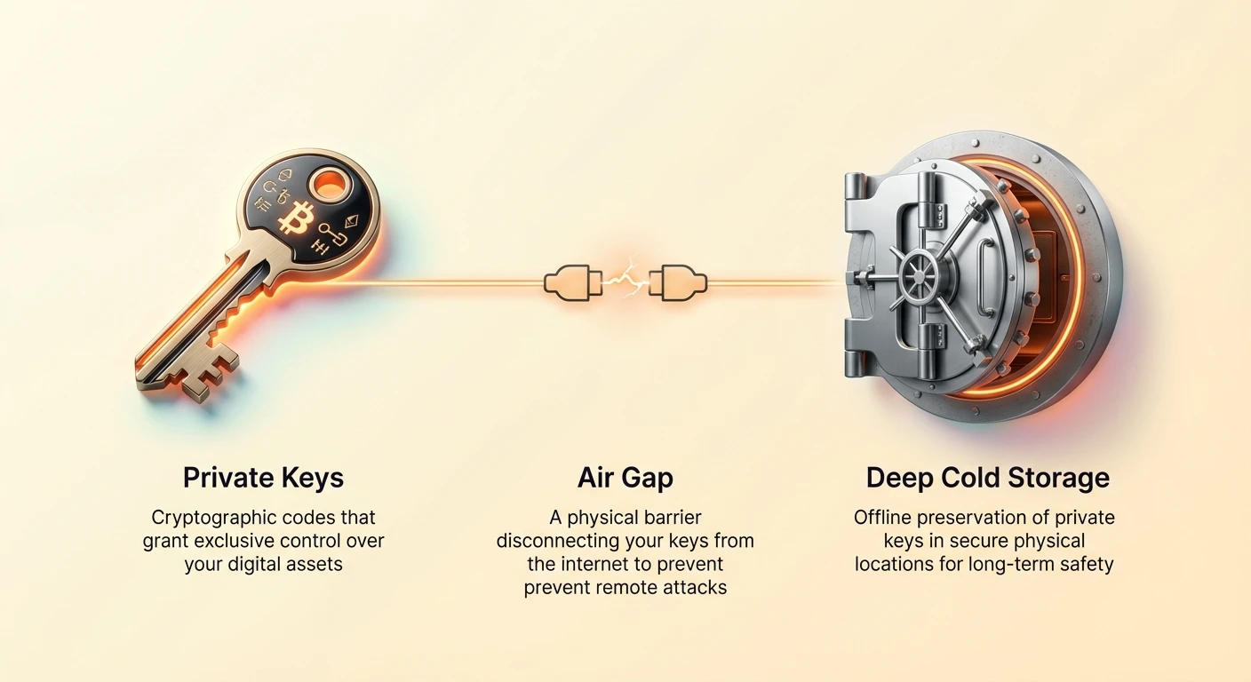 Infographic overview connecting private keys, air gap disconnection, and deep cold storage for secure offline cryptocurrency preservation.