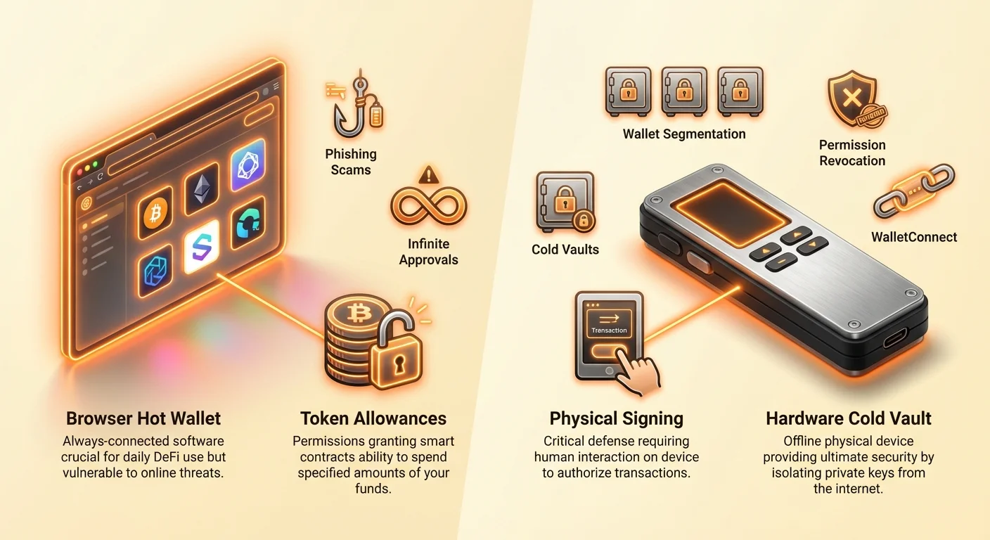 Infographic comparing risky DeFi wallet practices like browser hot wallets and infinite approvals with secure options including hardware cold vaults, physical signing, and wallet segmentation.