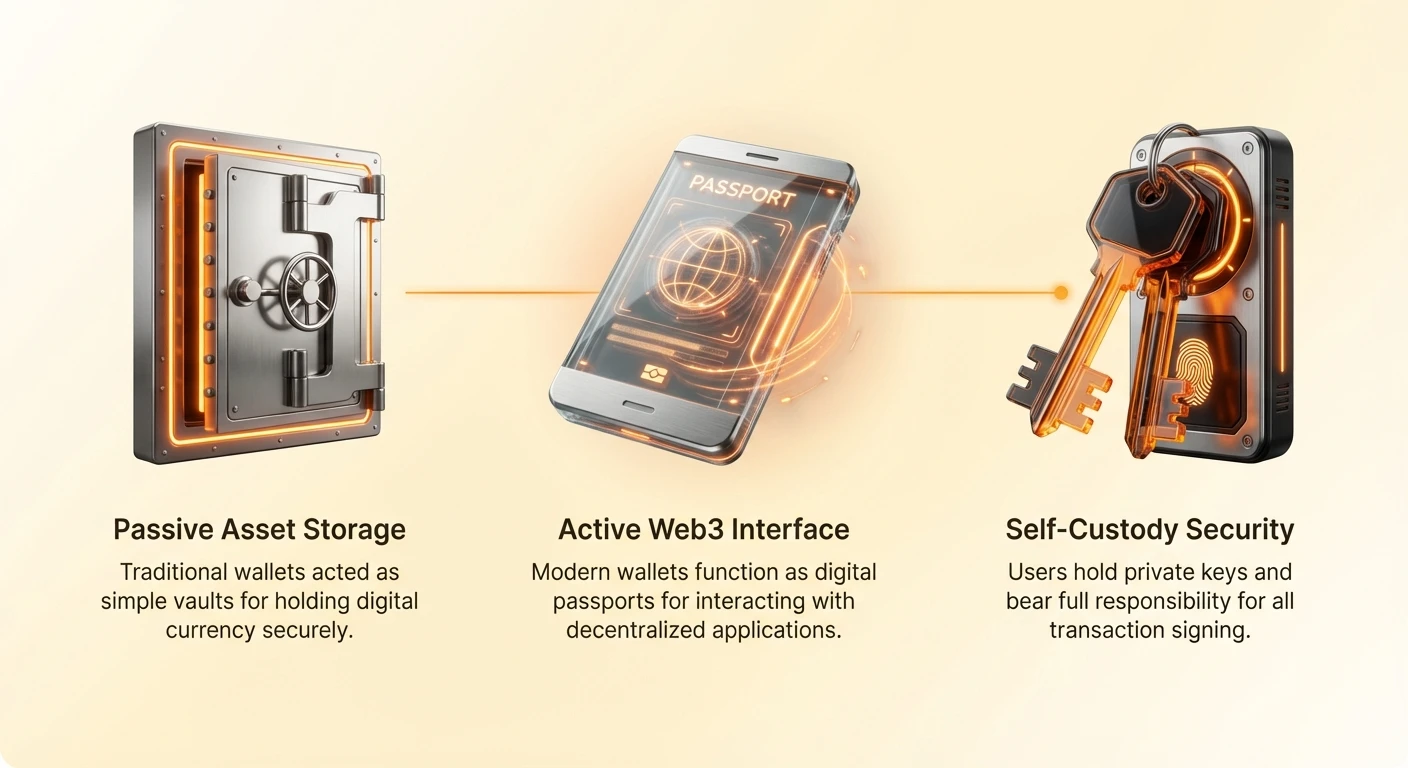Infographic illustrating wallet evolution: from passive asset storage in simple vaults, to active Web3 interfaces as digital passports, to self-custody security managing private keys.