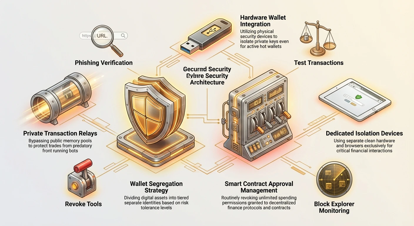 Hub-and-spoke infographic detailing DeFi wallet OPSEC: wallet segregation, smart contract approvals, hardware integration, private relays, isolation devices, plus phishing checks, tests, revokes, and monitoring.