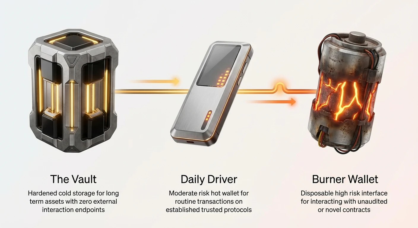 Simple infographic overview of three-tier DeFi wallet strategy: Vault for hardened cold storage, Daily Driver for moderate-risk routine transactions, Burner for high-risk disposable interactions.