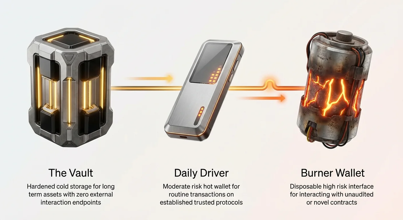 Simple infographic overview of three-tier DeFi wallet strategy: Vault for hardened cold storage, Daily Driver for moderate-risk routine transactions, Burner for high-risk disposable interactions.