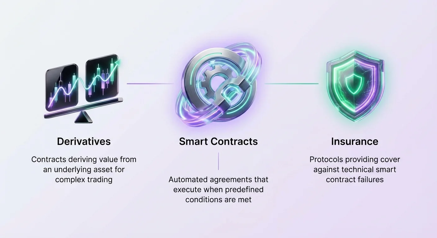 Clean minimalist hero image with three interconnected nodes representing Derivatives, Smart Contracts, and Insurance for DeFi risk management overview.