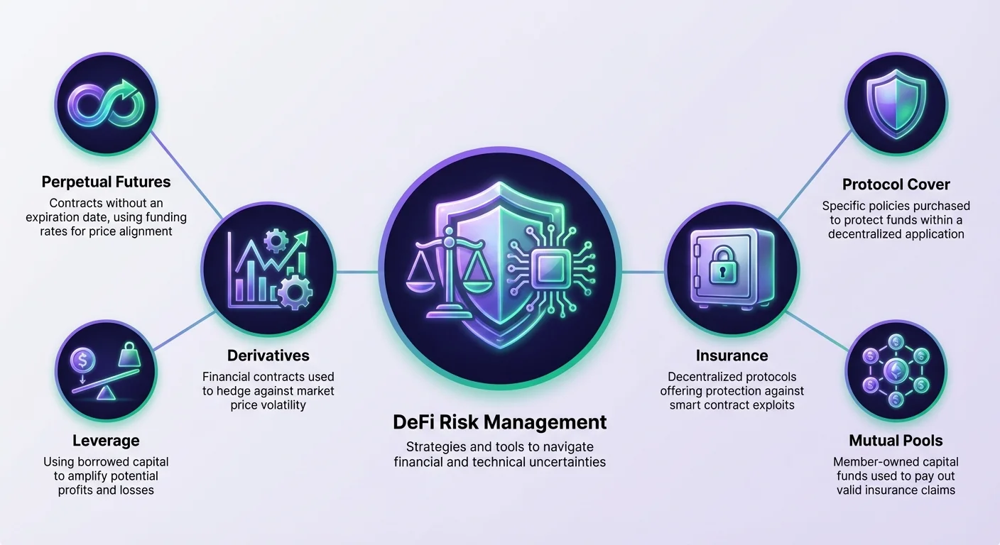 Detailed hub-and-spoke infographic with DeFi risk management at center, branching to market risk tools like derivatives, perpetual futures, leverage, and technical risk tools including insurance, protocol cover, mutual pools.