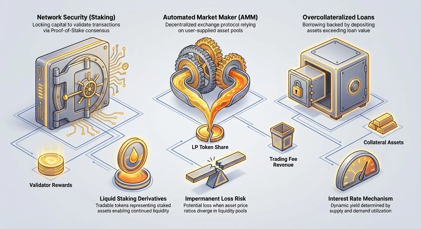 Detailed infographic with side-by-side clusters comparing DeFi staking via network security and liquid staking, yield farming with AMMs and impermanent loss, and lending with overcollateralized loans and interest rates.