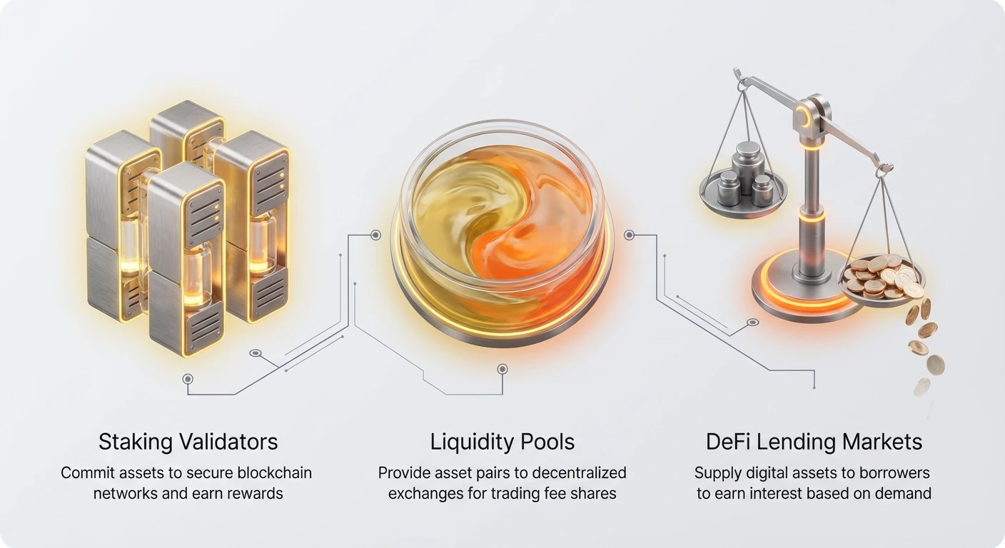 Simple overview infographic of three DeFi passive income pillars: Staking Validators for securing networks, Liquidity Pools for trading fees, and DeFi Lending Markets for interest earnings.