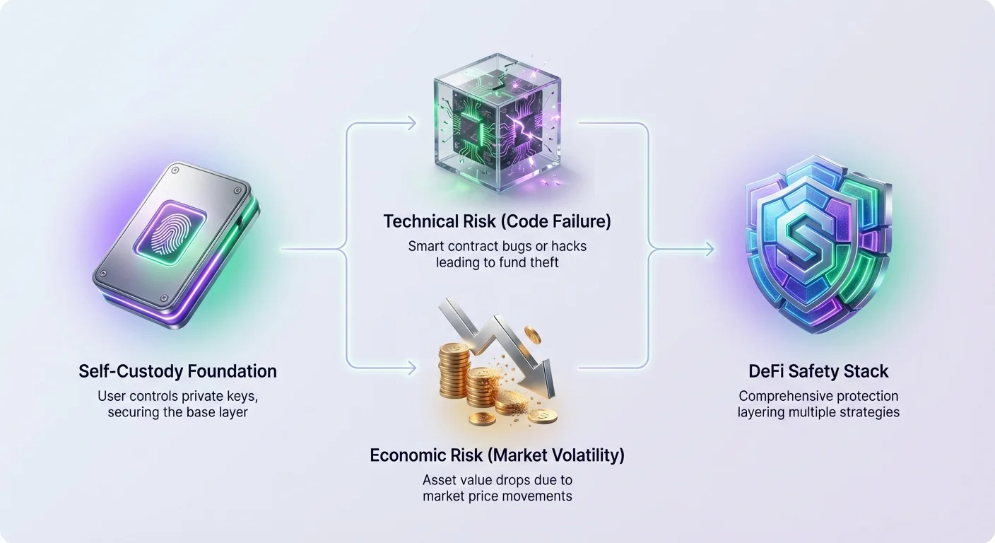 High-level conceptual map illustrating self-custody foundation and two main risk types addressed by the DeFi insurance stack.