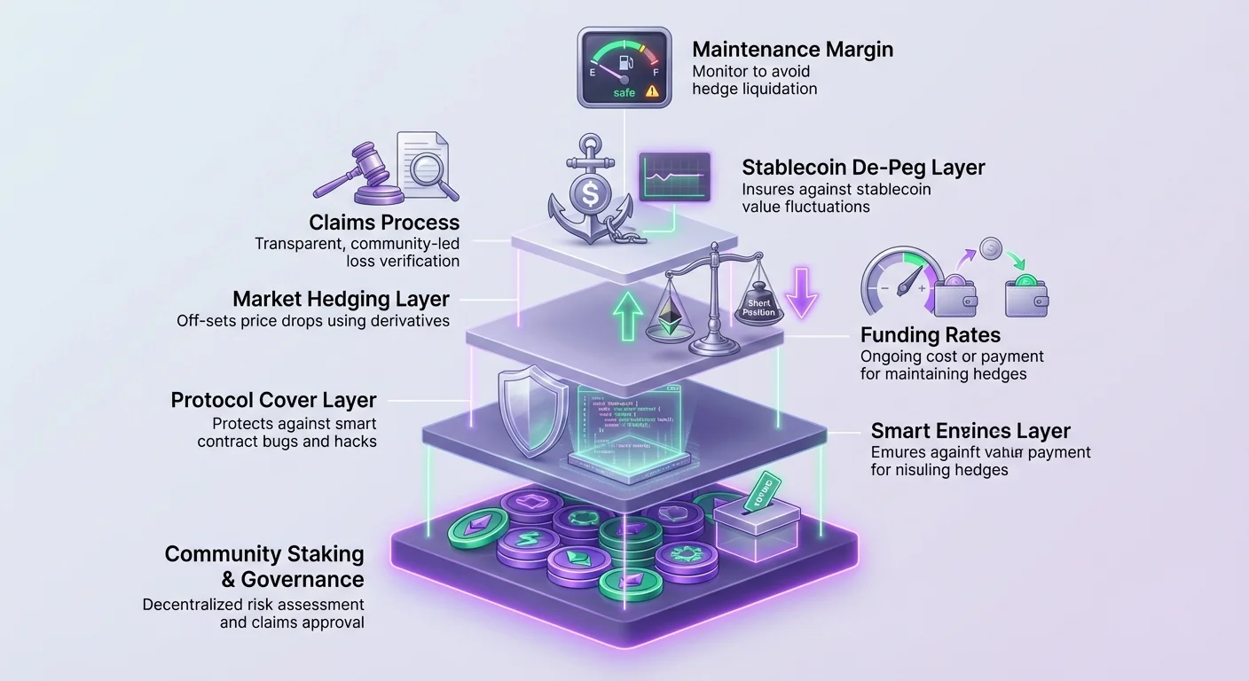 Layered diagram providing a comprehensive view of the DeFi insurance stack, illustrating each protective strategy and its supporting mechanics.