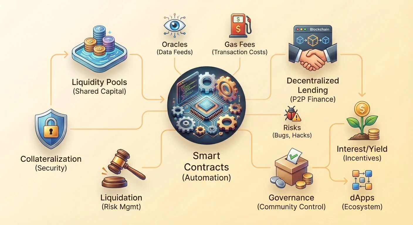 Detailed infographic diagram of decentralized lending operations centered on smart contract, illustrating liquidity pools, peer-to-peer lending, collateralization, liquidation, and governance processes.