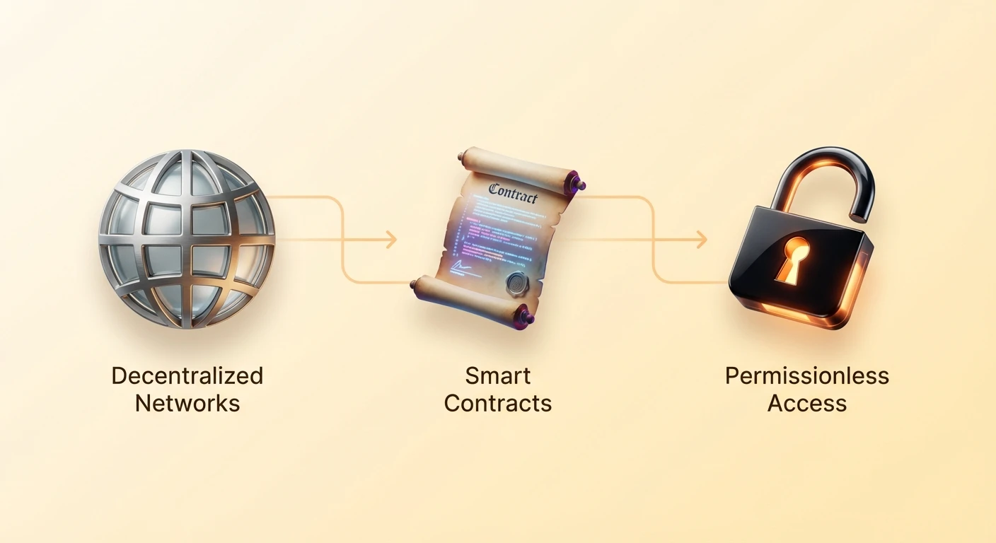 High-level infographic illustrating global decentralized networks hosting smart contracts for permissionless user access in DeFi, without traditional intermediaries.