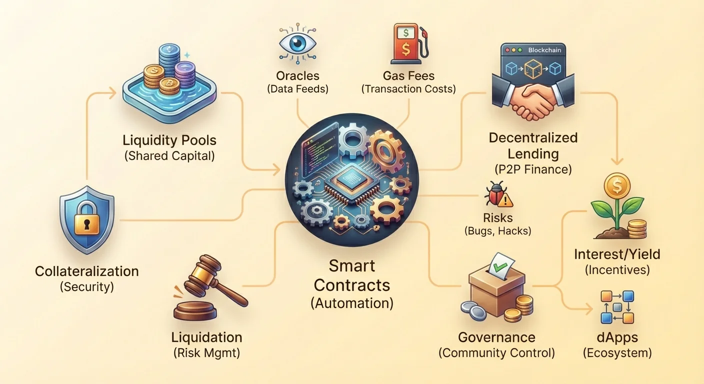 Detailed infographic diagram of decentralized lending operations centered on smart contract, illustrating liquidity pools, peer-to-peer lending, collateralization, liquidation, and governance processes.
