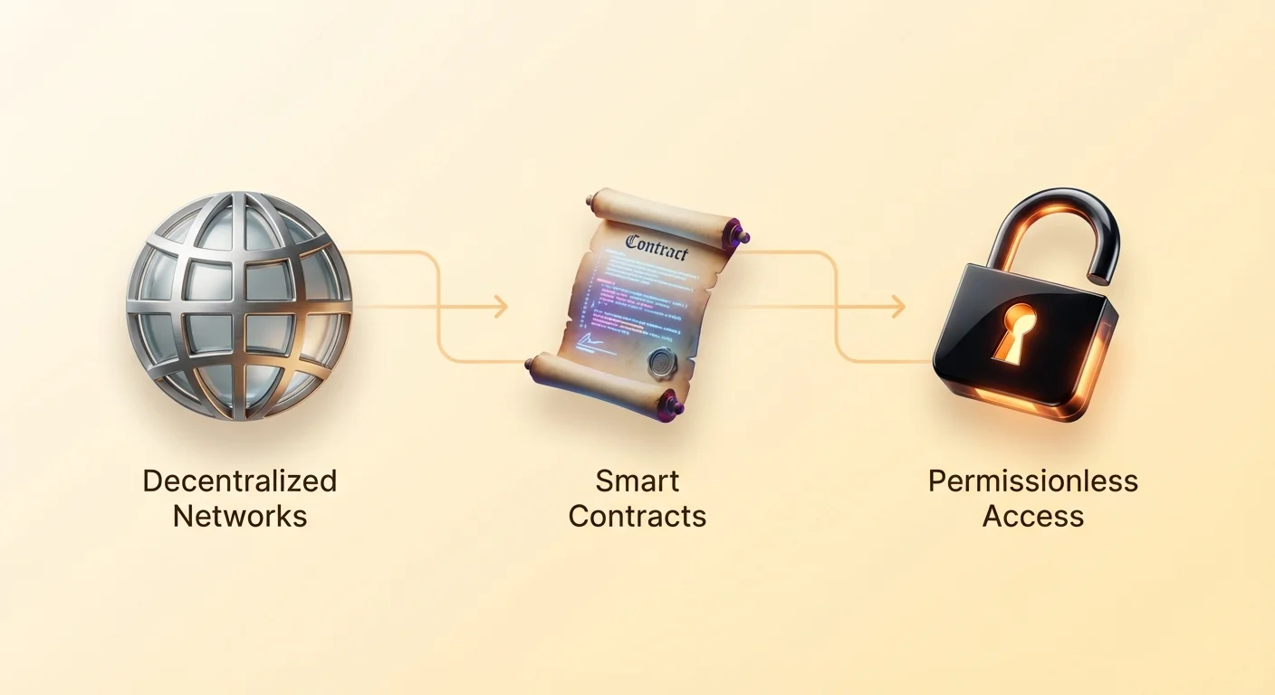 High-level infographic illustrating global decentralized networks hosting smart contracts for permissionless user access in DeFi, without traditional intermediaries.