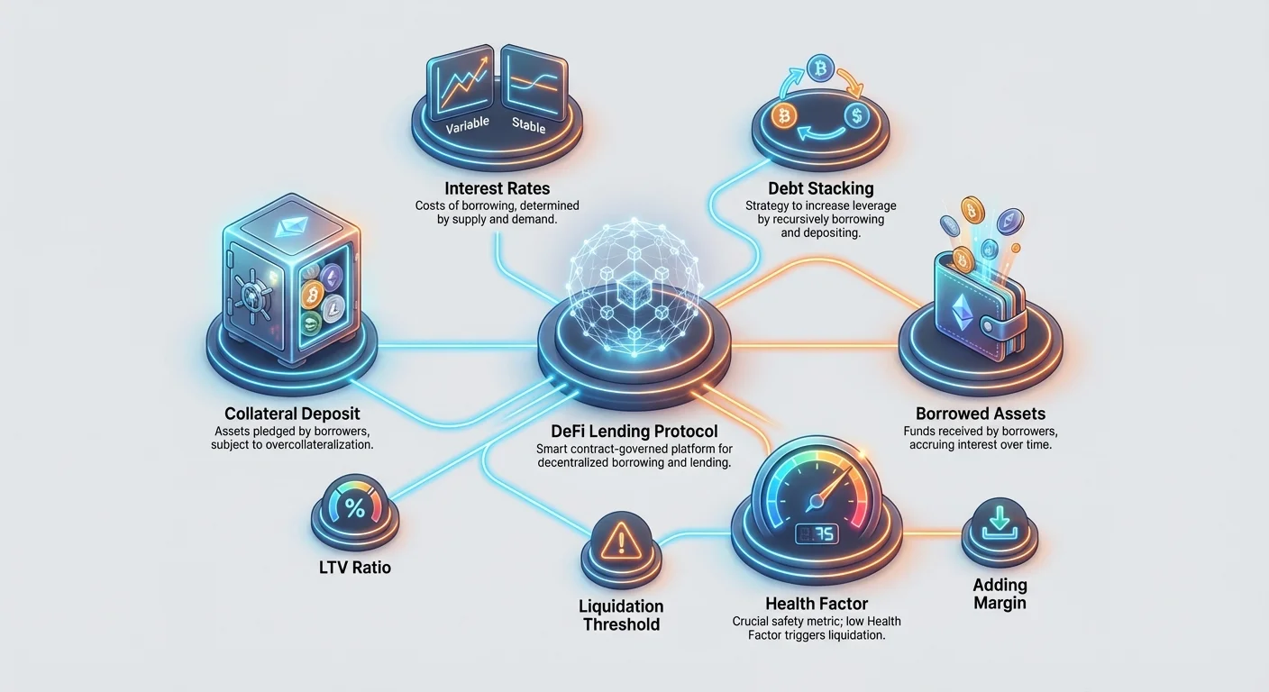 Comprehensive infographic of DeFi lending ecosystem showing protocol, collateral, borrowing, interest rates, LTV, Health Factor, debt stacking, and margin management strategies.