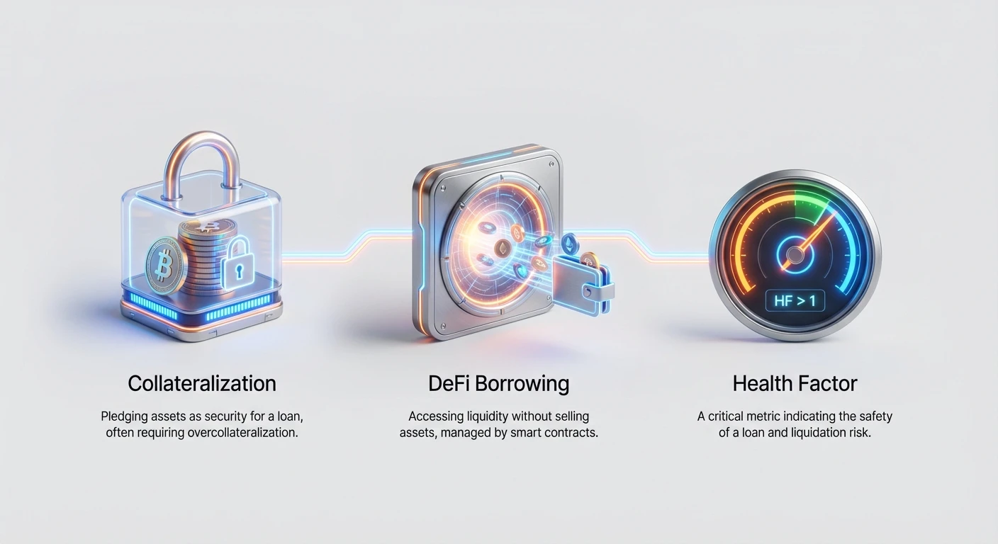 Infographic illustrating DeFi borrowing basics: collateral secures loans, with Health Factor monitoring position safety to prevent liquidation.