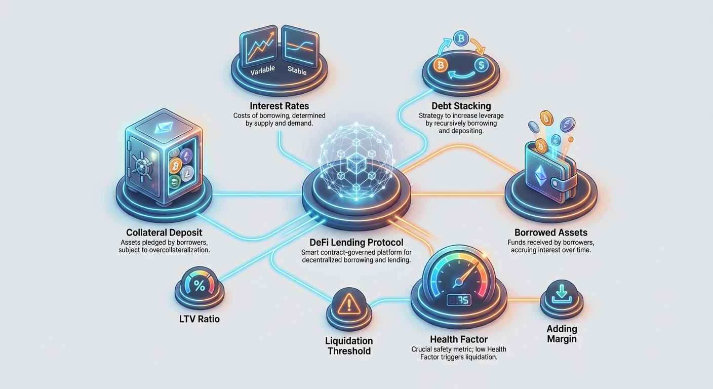 Comprehensive infographic of DeFi lending ecosystem showing protocol, collateral, borrowing, interest rates, LTV, Health Factor, debt stacking, and margin management strategies.