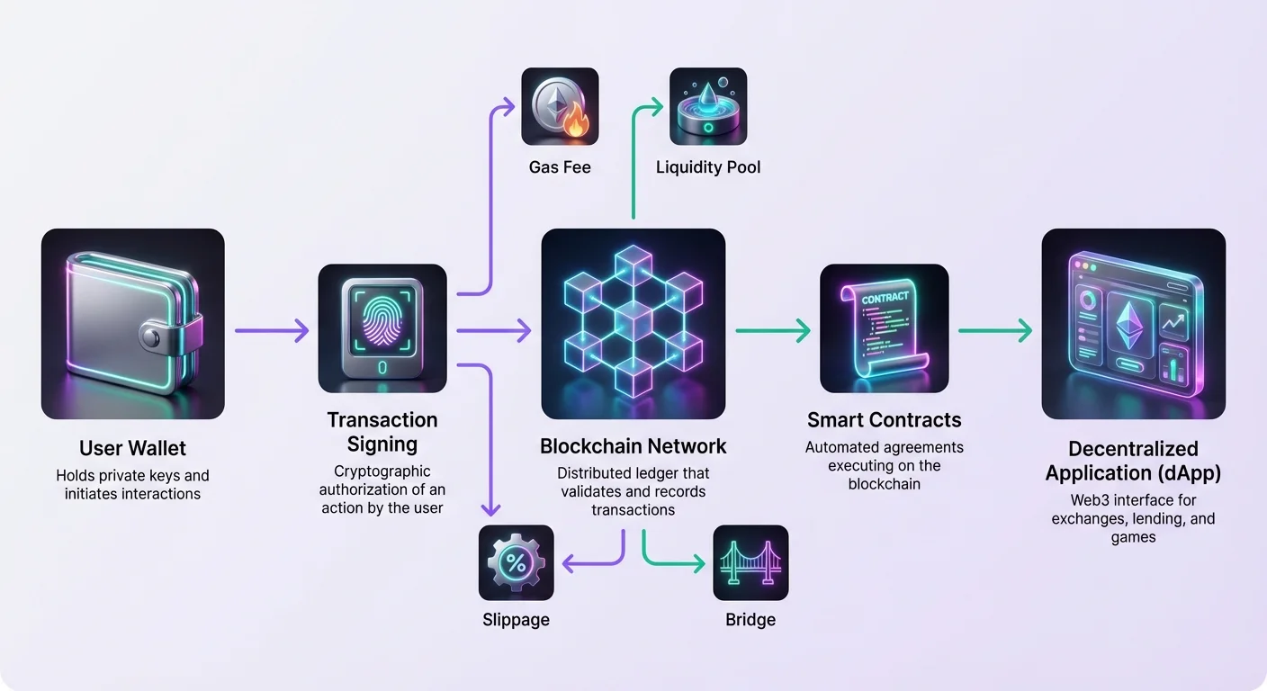 Detailed infographic depicting DeFi transaction flow from user wallet through blockchain and smart contracts to a decentralized app.