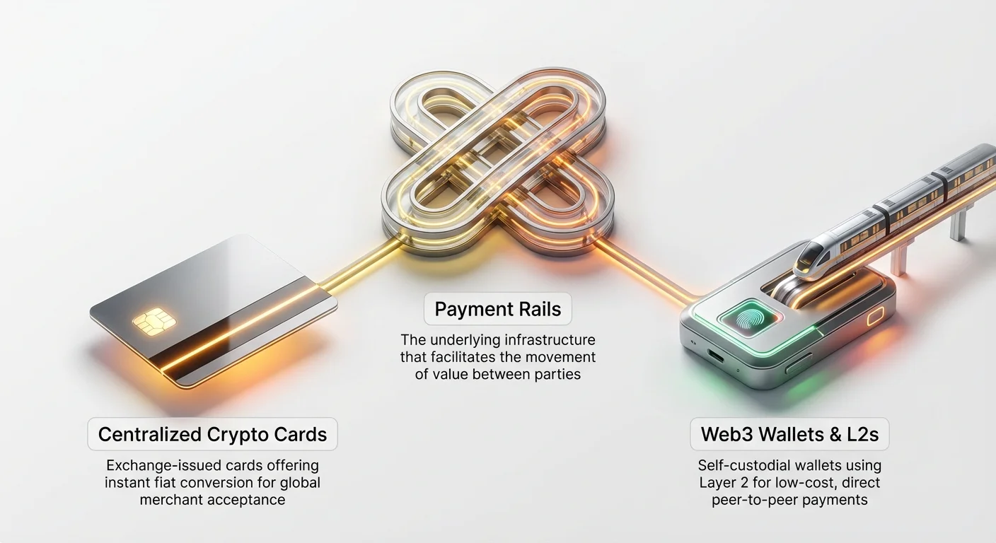 Clean three-node diagram with Payment Rails at center, branching to Centralized Cards and Web3 Wallets crypto payment paths.