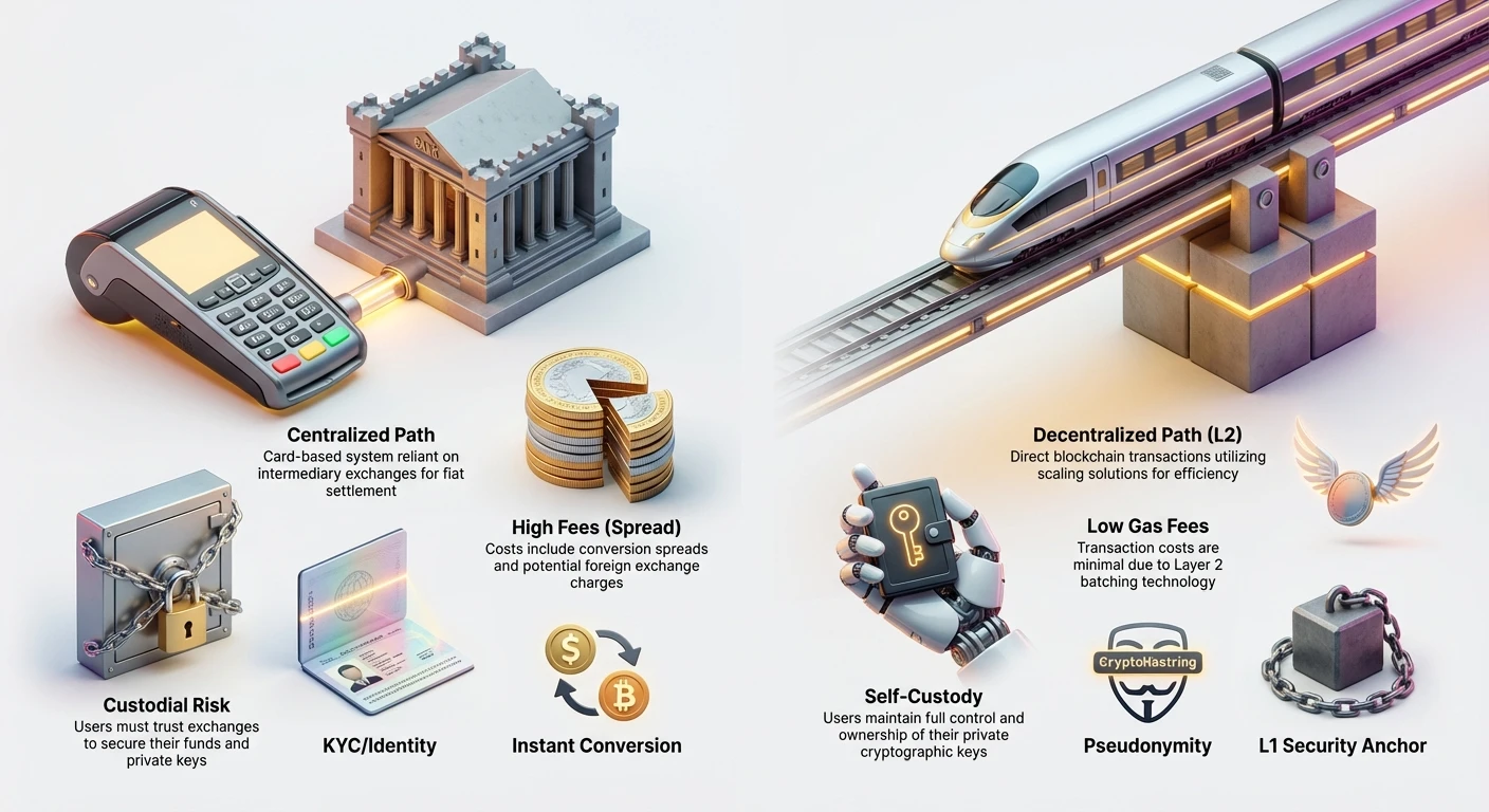 Detailed infographic split into two clusters comparing centralized payment paths and decentralized L2 paths, highlighting differences in custody, fees, and privacy.