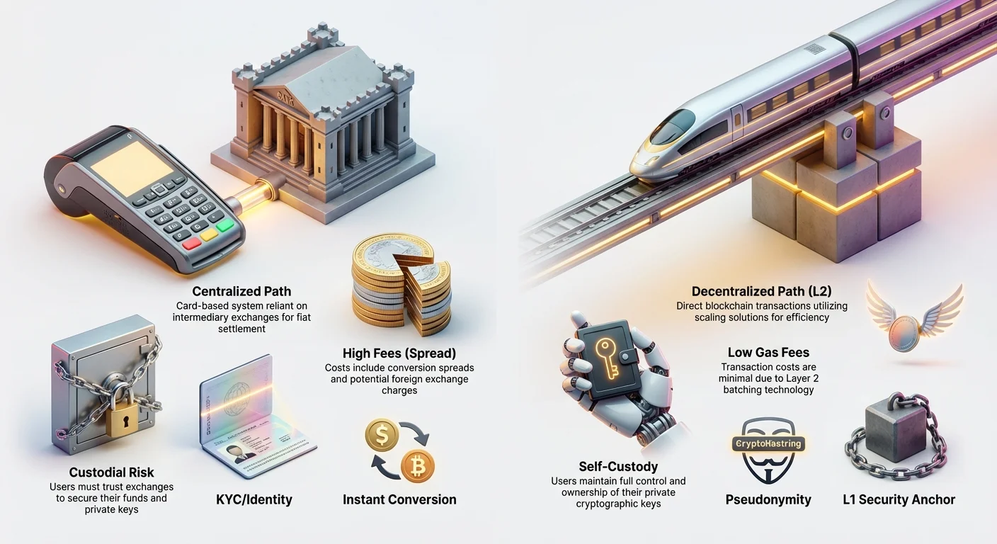 Detailed infographic split into two clusters comparing centralized payment paths and decentralized L2 paths, highlighting differences in custody, fees, and privacy.