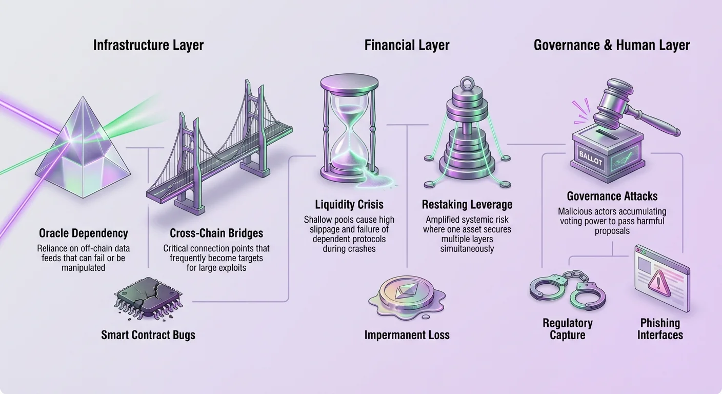 Detailed infographic dividing DeFi systemic risks into three clusters: Infrastructure (oracles, bridges, smart contracts), Financial (liquidity drying, restaking leverage, impermanent loss), and Governance/Human (attacks, regulatory capture, phishing).