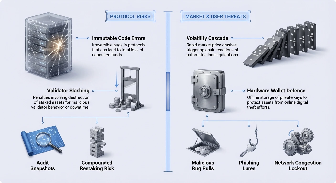 Split infographic contrasting DeFi protocol risks like immutable code errors and validator slashing against market and user threats including volatility cascades and phishing lures.