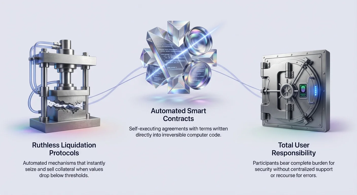 Infographic illustrating three core DeFi risk pillars: Automated Smart Contracts as self-executing irreversible code, Ruthless Liquidation Protocols instantly seizing collateral, and Total User Responsibility without centralized recourse.