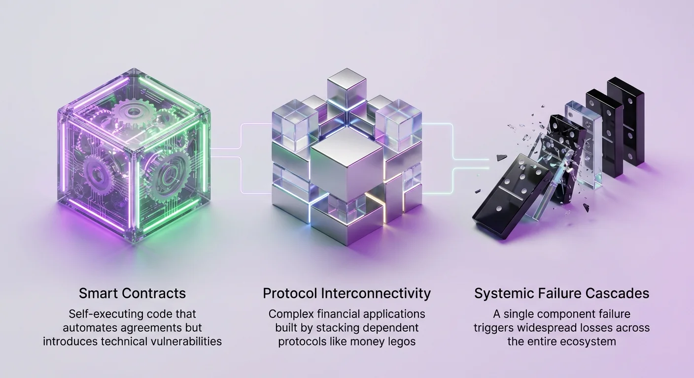 Infographic overview of DeFi systemic risks: foundational smart contracts, protocol interconnectivity like money legos, and cascading failures.