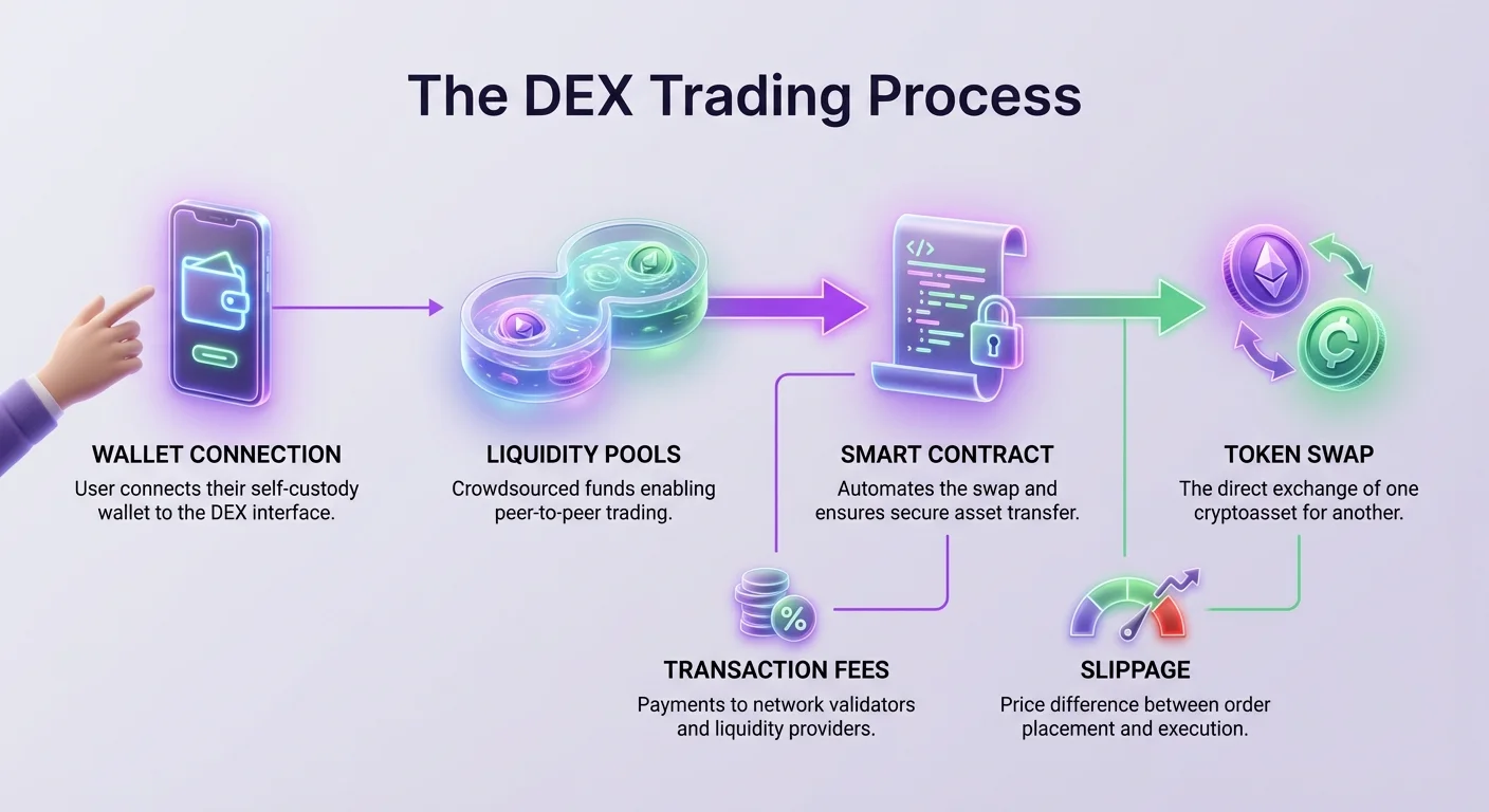 Detailed infographic illustrating the step-by-step DEX trading process, from wallet connection and liquidity pools to smart contract execution, token swap, fees, and slippage.