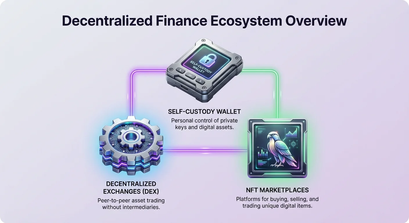 High-level infographic overview of DeFi ecosystem, showing self-custody wallet centrally connecting users to DEXs and NFT marketplaces.