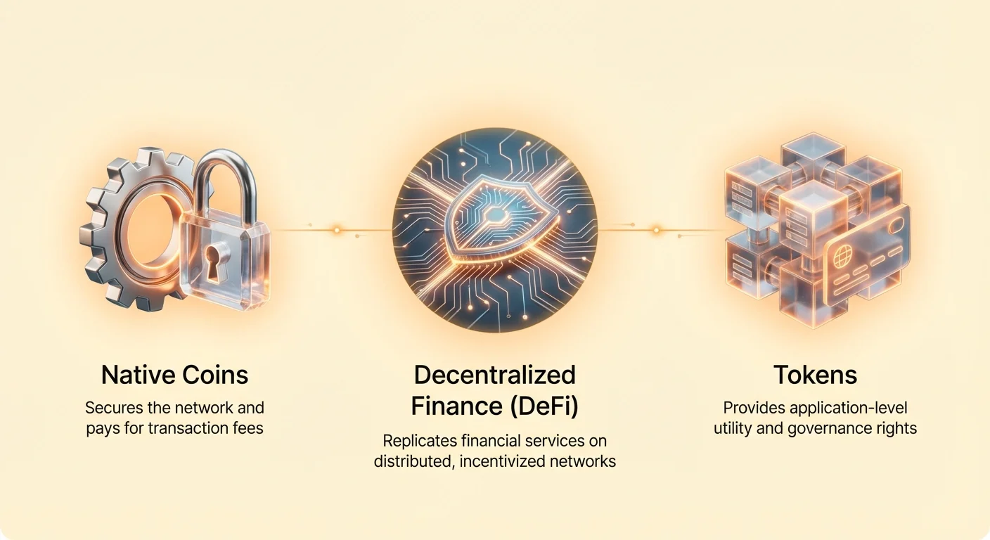 Clean infographic providing high-level overview of Native Coins, Tokens, and their visual connections to Decentralized Finance, illustrating how these core concepts work together.