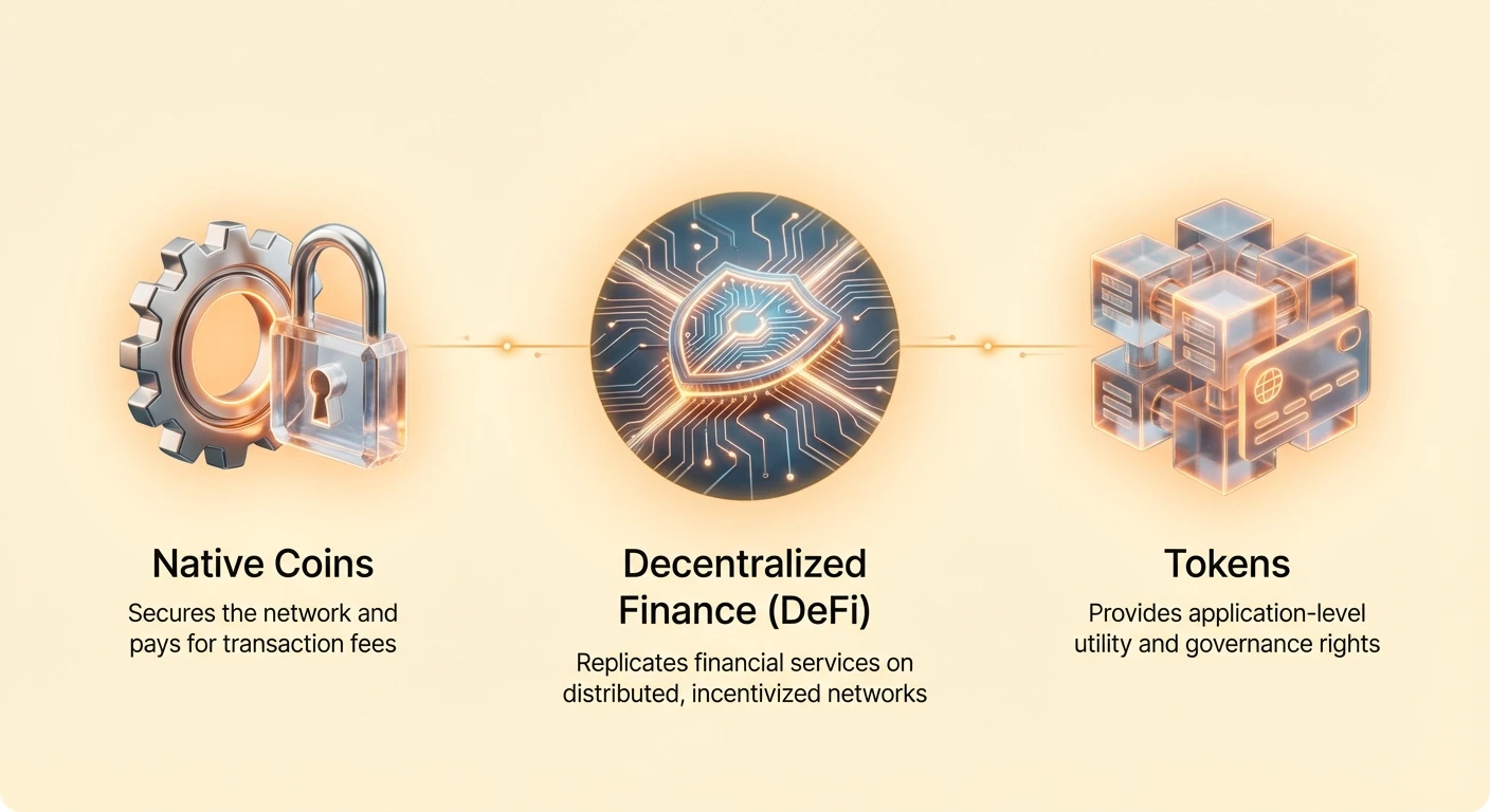 Clean infographic providing high-level overview of Native Coins, Tokens, and their visual connections to Decentralized Finance, illustrating how these core concepts work together.