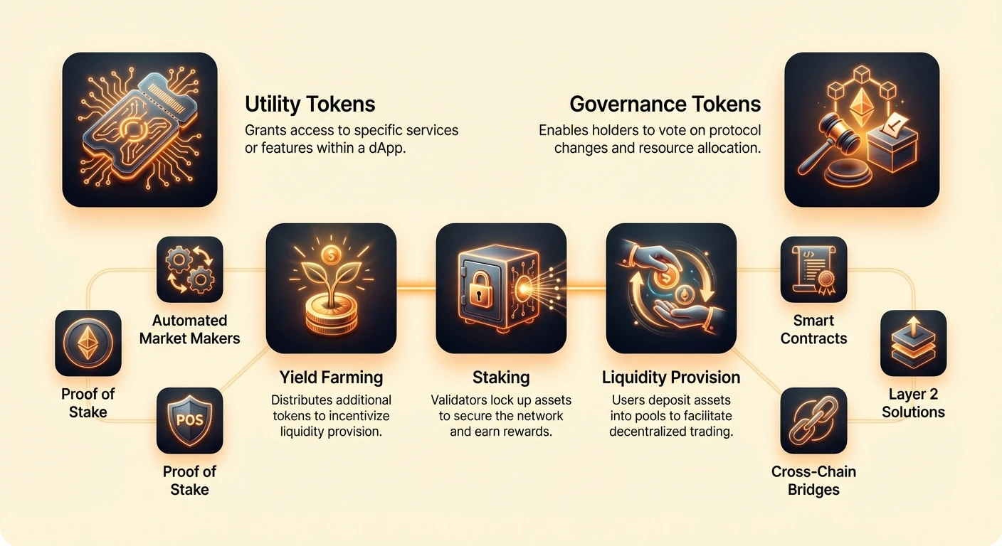 Detailed infographic categorizing DeFi utility and governance tokens, illustrating value capture mechanisms like staking and liquidity provision.