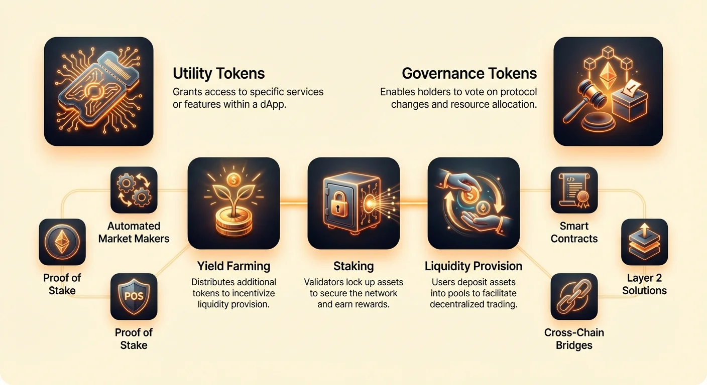 Detailed infographic categorizing DeFi utility and governance tokens, illustrating value capture mechanisms like staking and liquidity provision.