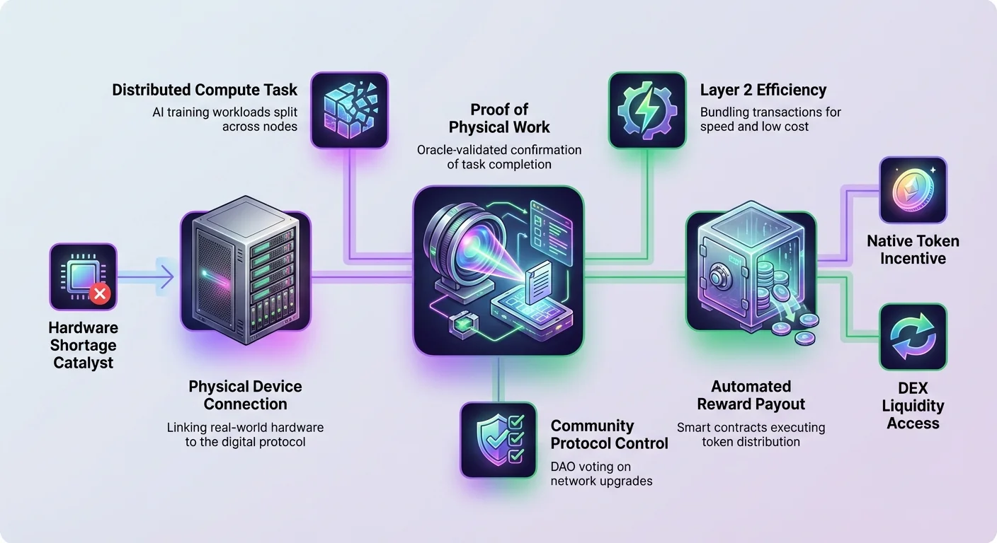 Infographic depicting DePIN process: left-to-right flow from physical hardware connection, oracle-verified proof of physical work, to automated token rewards, with distributed compute, Layer 2 efficiency, and DAO governance nodes.
