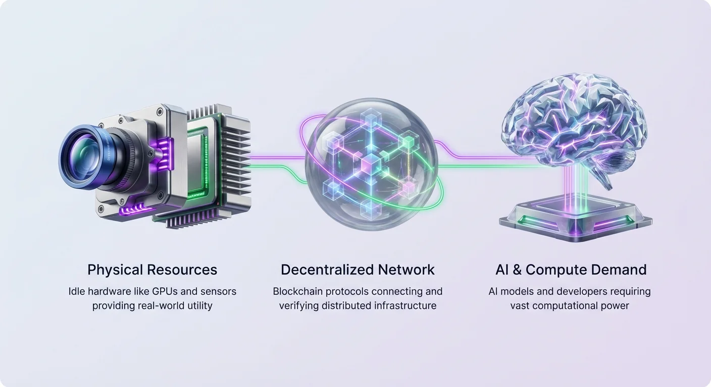 Infographic overview of DePIN showing three key nodes: idle physical resources like GPUs and sensors, decentralized blockchain network for connection and verification, and AI compute demand from models and developers.