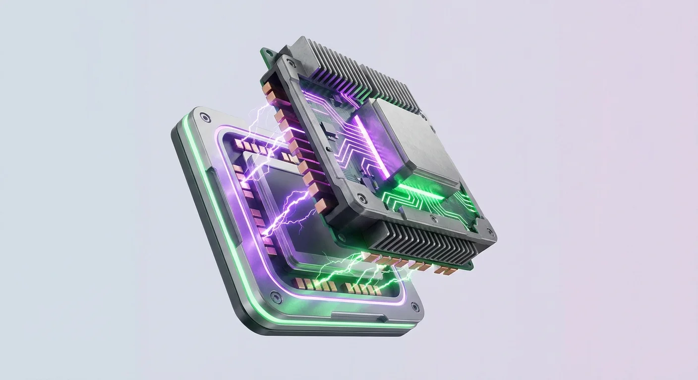 Thumbnail of a rugged processor module inserting into a glowing digital socket, with purple and green energy arcs sparking at the connection point, illustrating hardware activation in DePIN infrastructure.