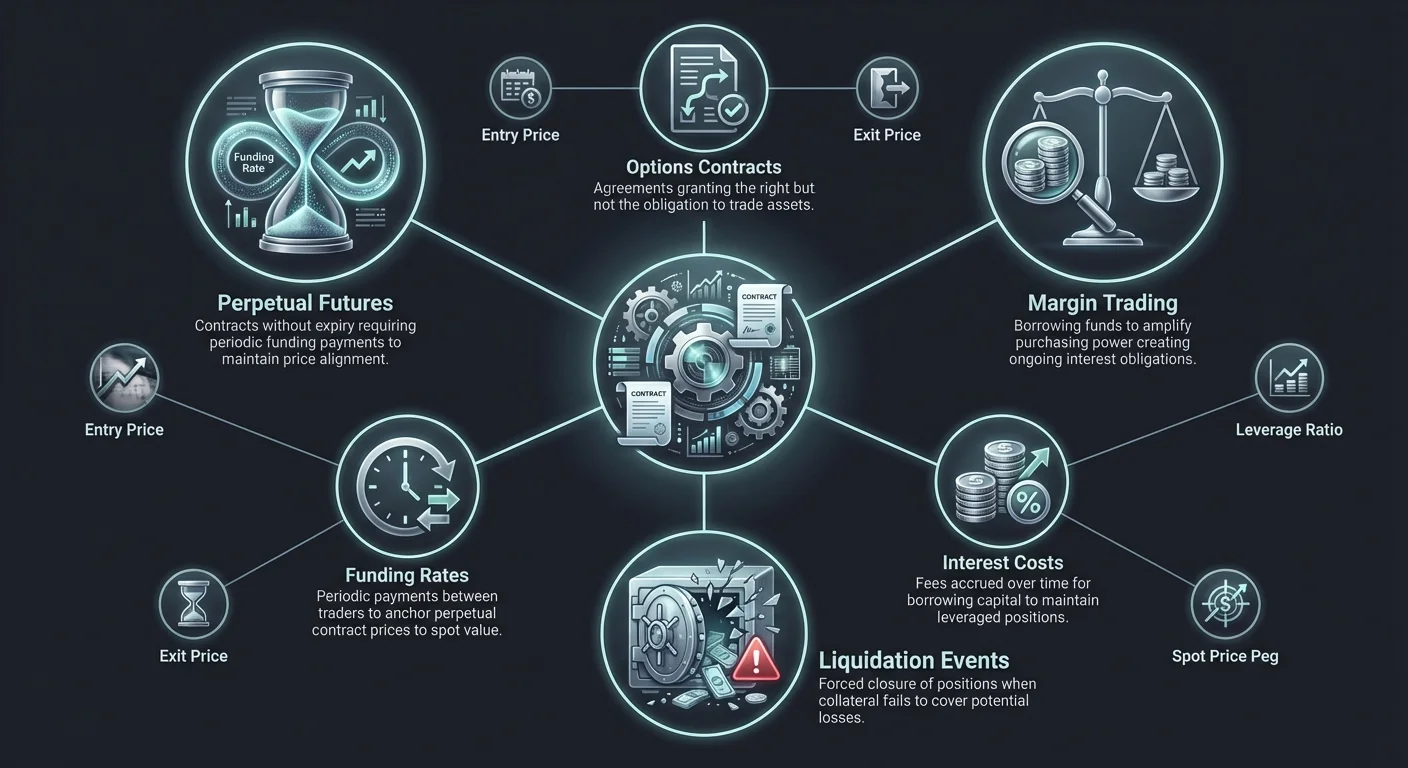 Hub-and-spoke infographic detailing crypto derivatives complexities: large nodes on perpetual futures, margin trading, liquidation events; medium on options, funding rates, interest costs; small data points like entry price, exit price.