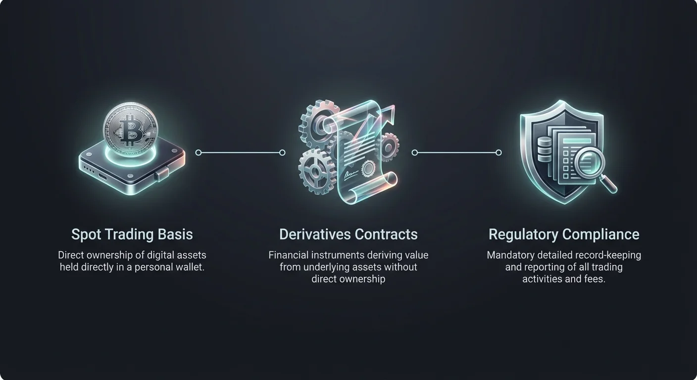 Infographic contrasting spot trading with direct crypto asset ownership, derivatives contracts without ownership, and mandatory regulatory compliance for detailed trading records and fees.