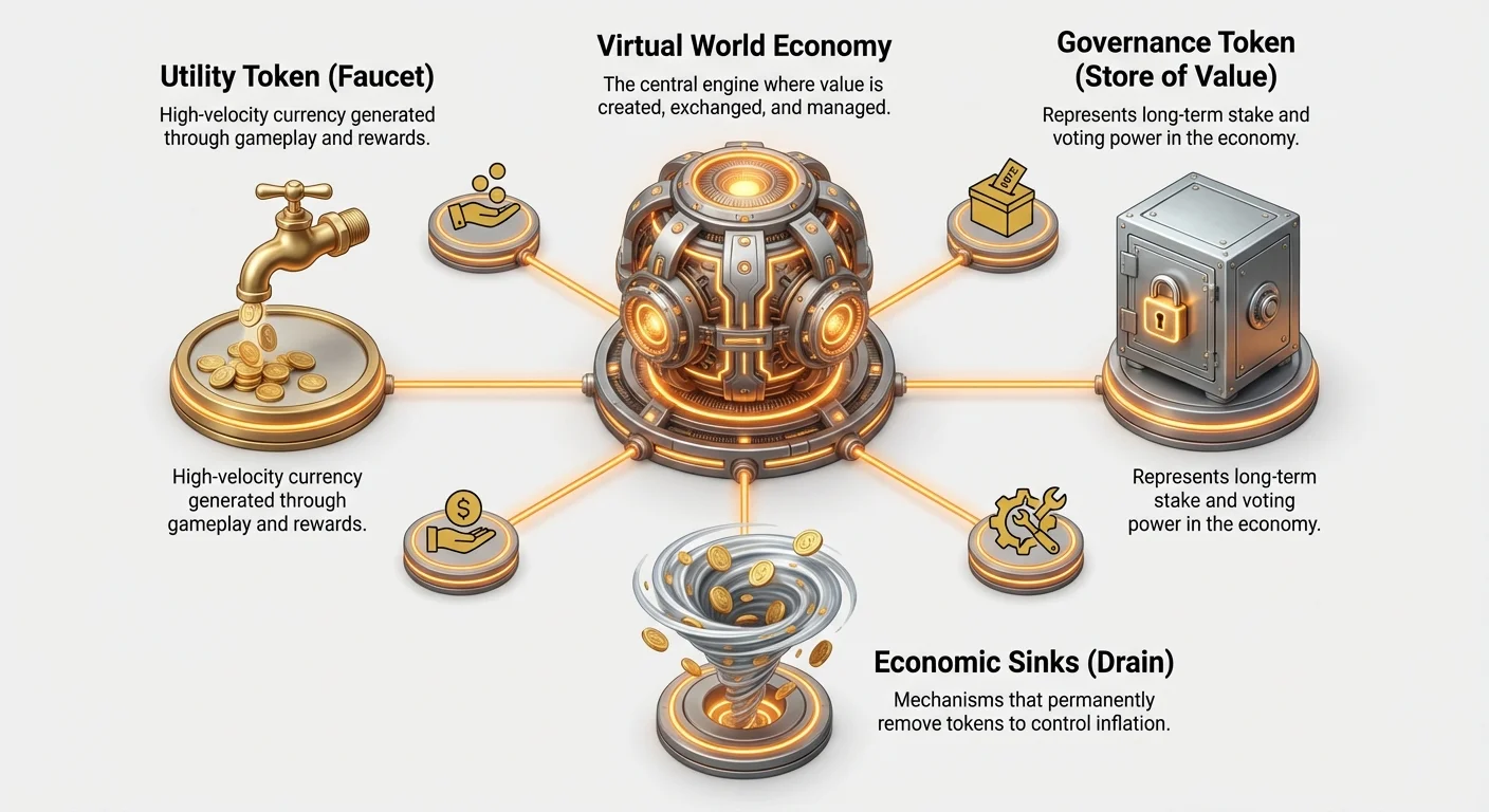Detailed infographic on virtual economy monetary policy, showing dual-token system in hub-and-spoke layout with value flows from central economy to faucets, sinks, and governance mechanisms.
