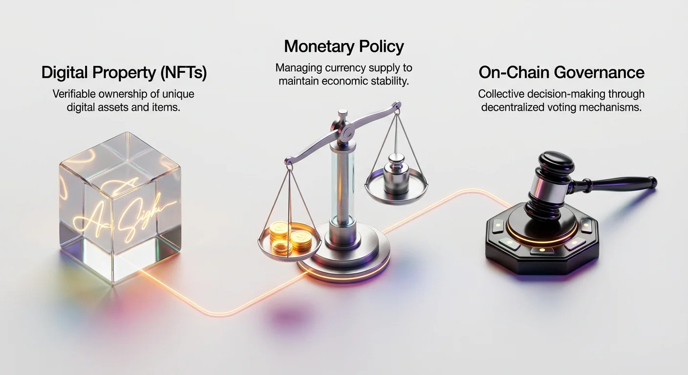 Simple infographic overview of three virtual economy pillars: Digital Property with NFTs, Monetary Policy, and On-Chain Governance.