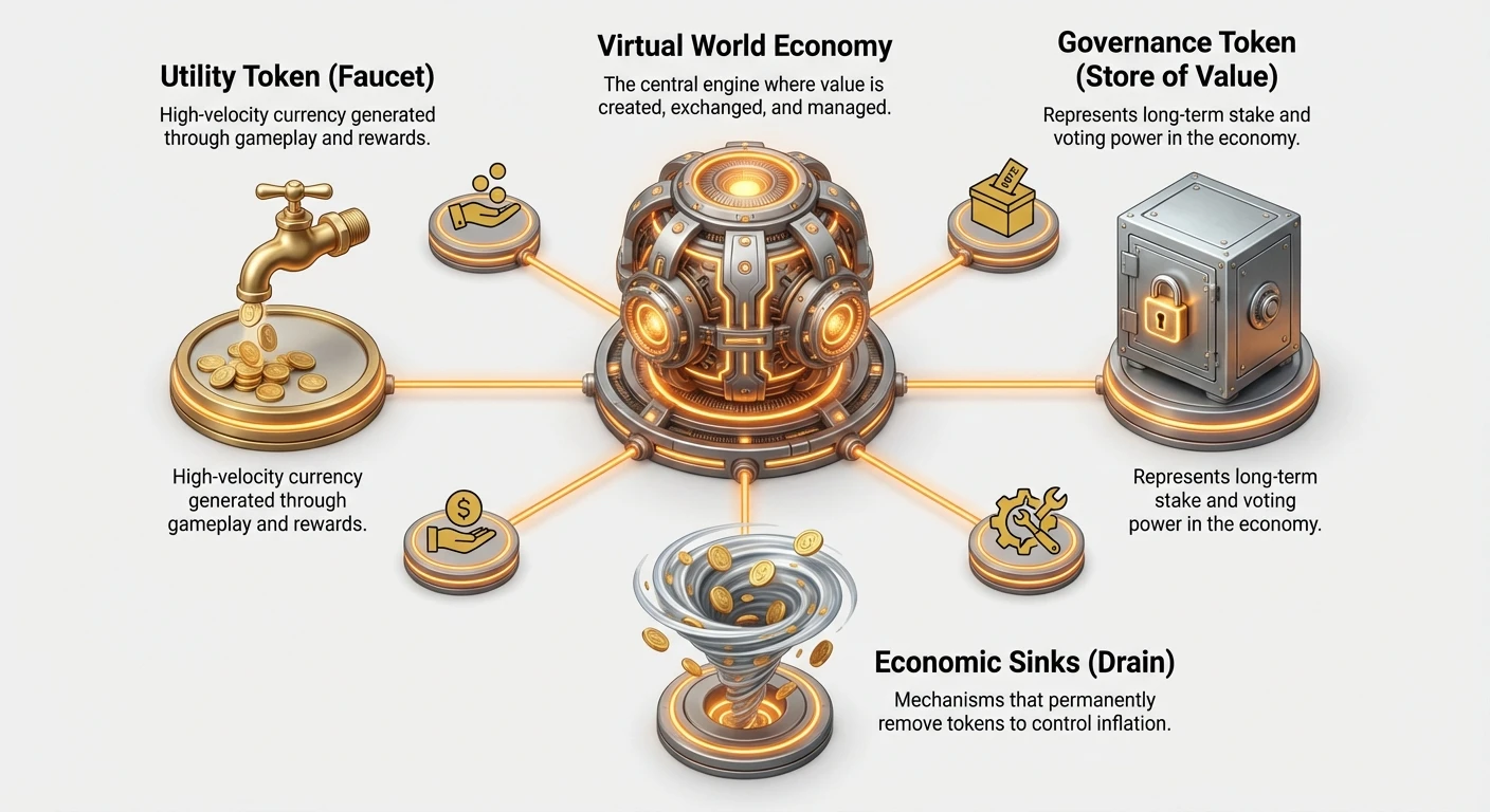 Detailed infographic on virtual economy monetary policy, showing dual-token system in hub-and-spoke layout with value flows from central economy to faucets, sinks, and governance mechanisms.