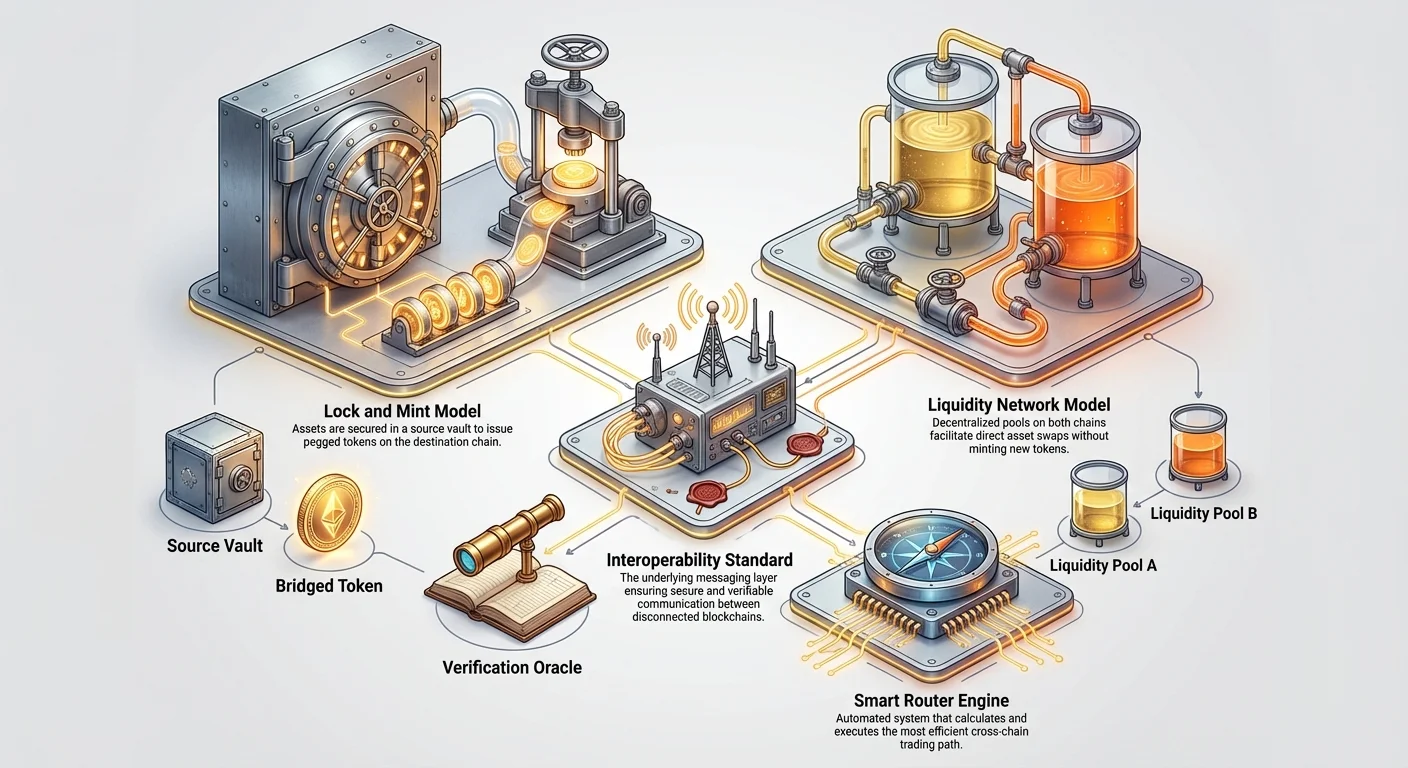 Detailed infographic comparing Lock and Mint vault-based bridges with Liquidity Network pool-based models, plus interoperability standards, smart routers, vaults, tokens, and pools.