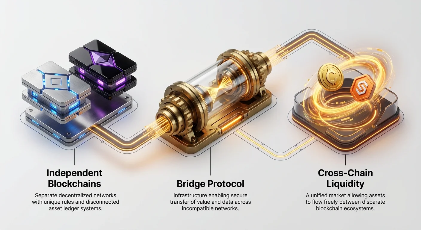Diagram illustrating two disconnected blockchains linked by a bridge protocol, enabling secure asset transfers and unified cross-chain liquidity flow.