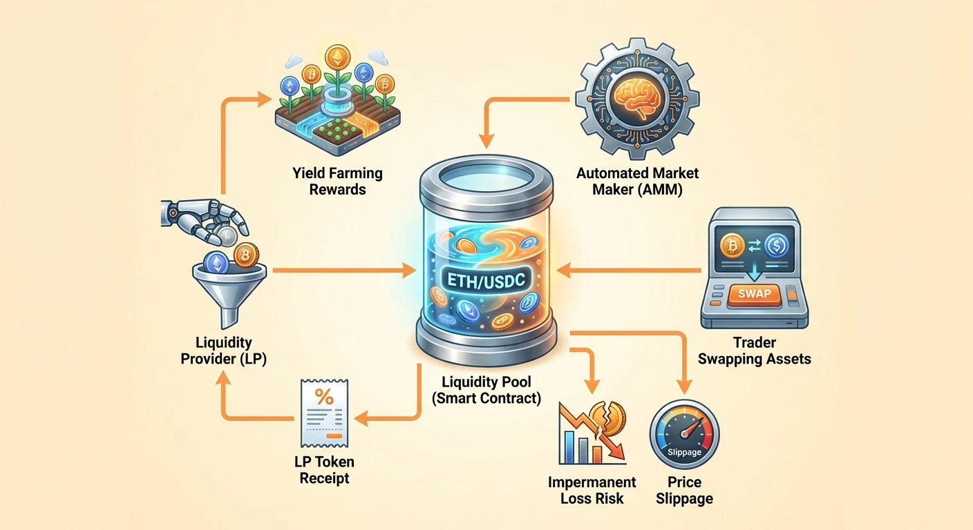 Detailed infographic diagram showing how liquidity pools, AMMs, and liquidity providers enable DEX trading, including associated rewards and risks.