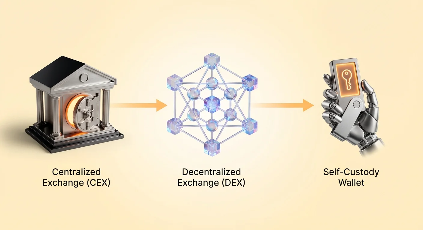 High-level infographic illustrating the transition from traditional centralized finance to user-controlled decentralized models in DEXs.