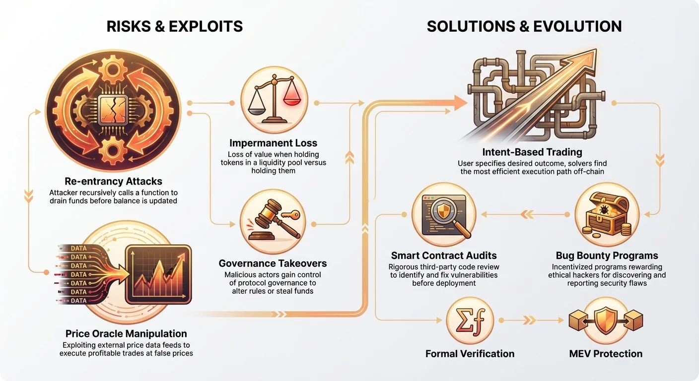 Detailed infographic comparing DEX security risks and exploits on the left with industry solutions and intent-based trading evolution on the right side.