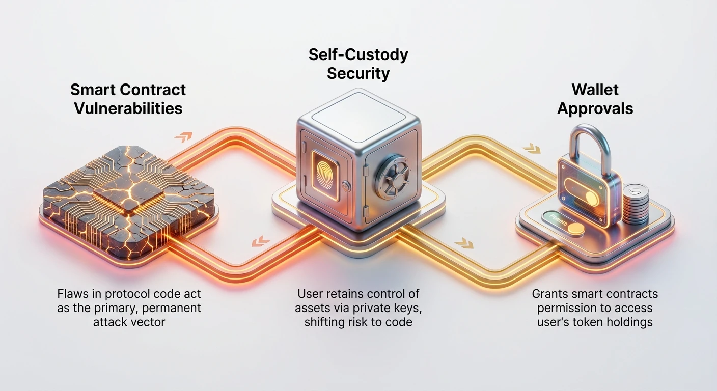 Infographic overview of security shift in DEX: users control self-custody but assume risks from smart contract code and wallet permissions.